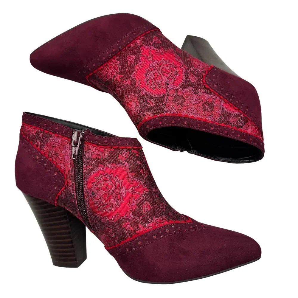Ruby Shoo Wine Faux Suede Steampunk Brocade Nicola Ankle Boots Women's Size 9